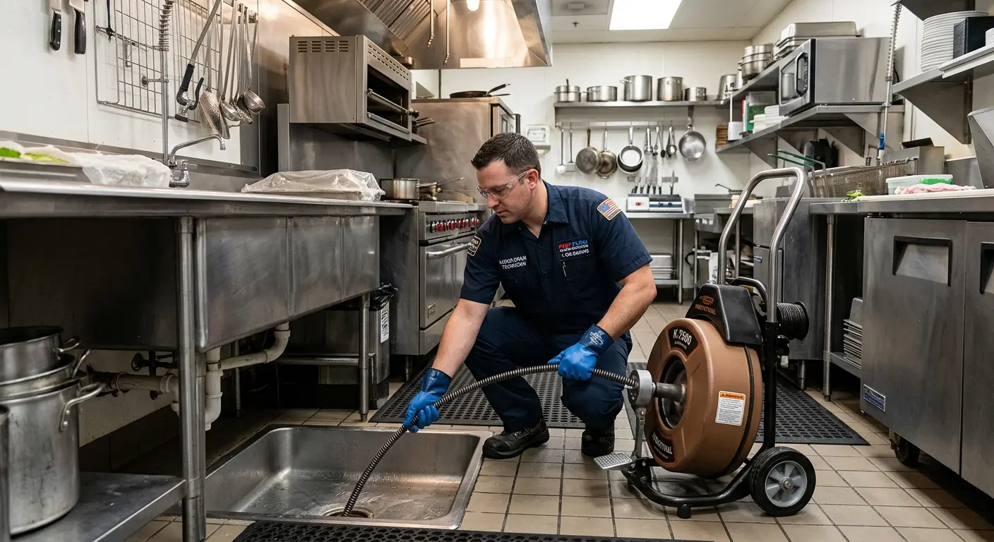 Commercial drain cleaning service in a restaurant kitchen in Utica