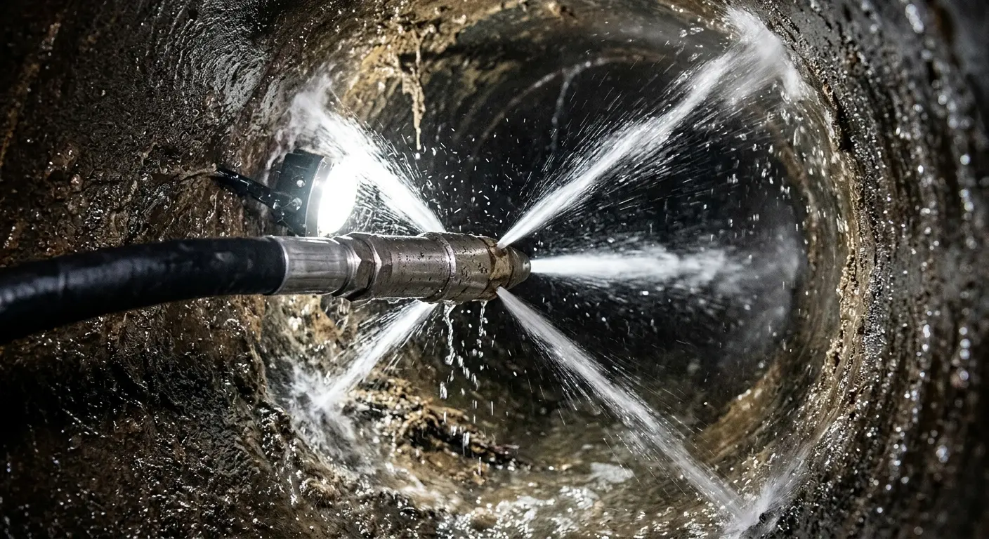 High-pressure hydro jetting nozzle cleaning sewer pipe for Sewer Line Relining in Utica