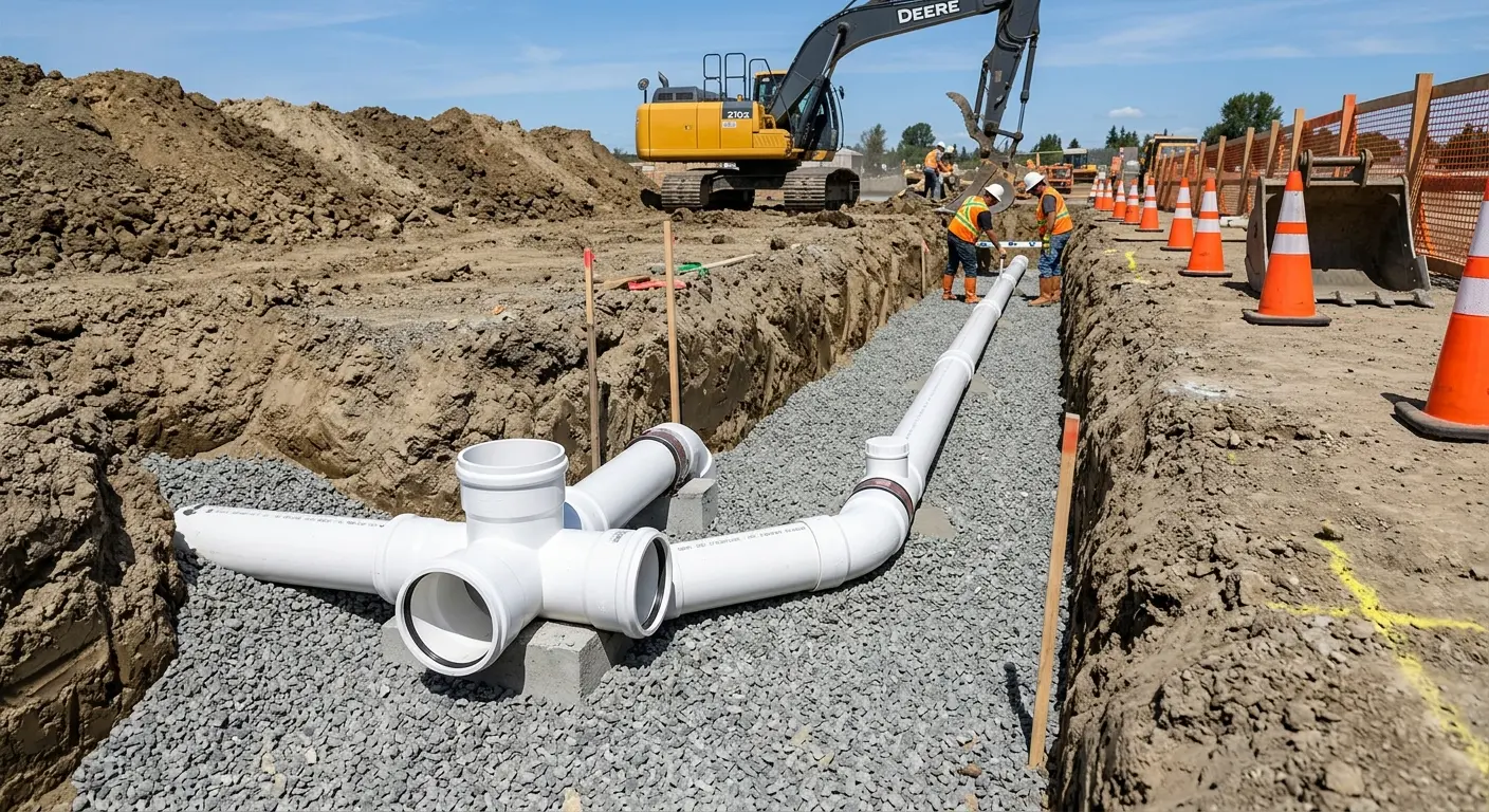 New PVC sewer pipe installation in open trench for Sewer Backup in Utica