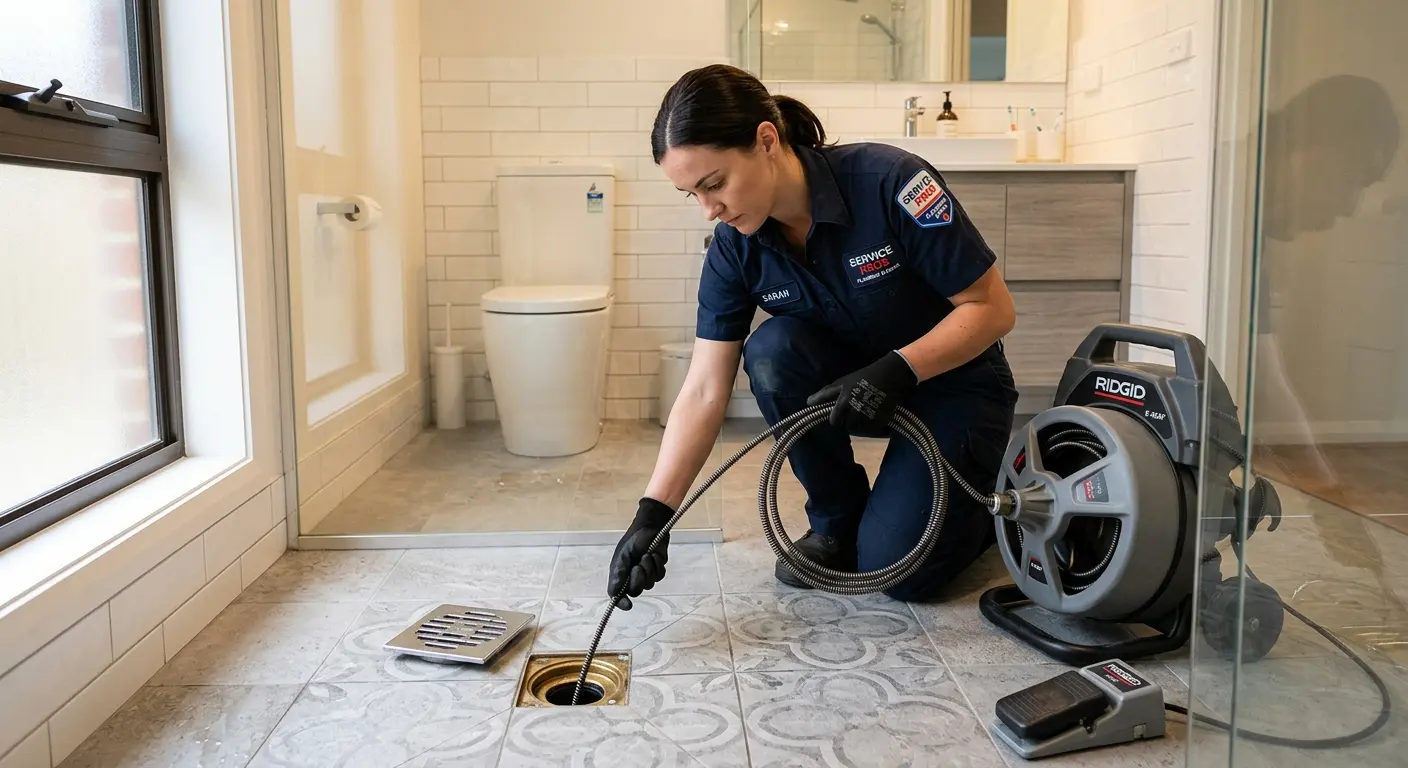 Technician clearing a bathroom floor drain for Drain Cleaning in Utica
